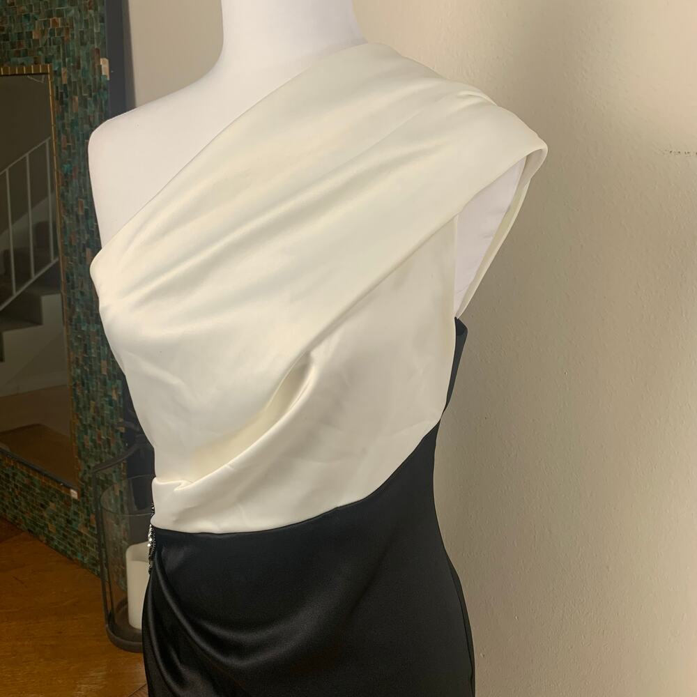 Jessica Howard One Shoulder Dress Sz 6 Black White Satin Beaded Cocktail Formal - Picture 5 of 10